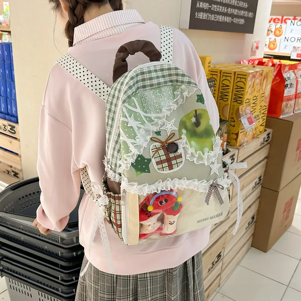 sac à dos apple star ita bag à carreaux en dentelle, style frais et doux, pour étudiantes, sacs portables pour femme