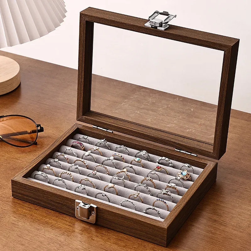 boîte à bijoux motif noyer avec couvercle, étui de rangement pour bagues, boucles d'oreilles, bracelets, chaînes, plateau de présentation en bois dur de style décontracté