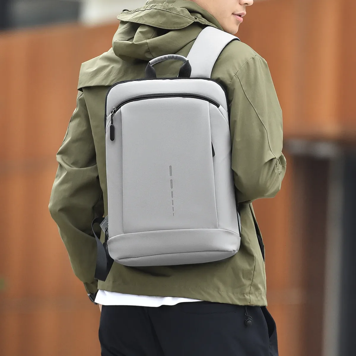 sac dos polyester imperméable gris noir beige cadre interne grande capacité bandoulière arquée informatique décontracté