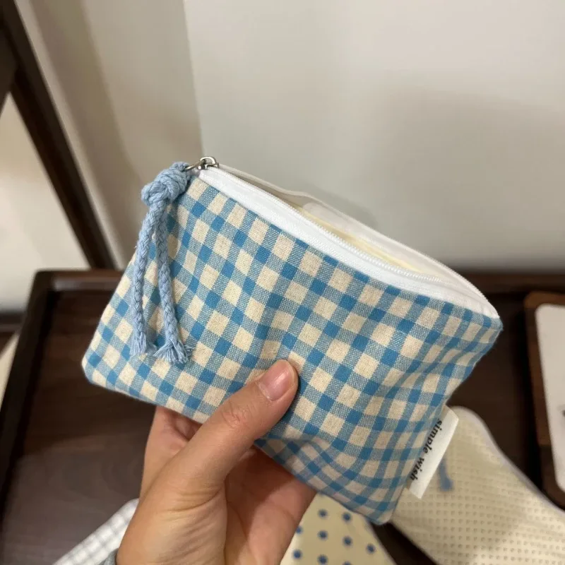 sac de maquillage portable pour femmes, organiseur de cosmétiques bleu à carreaux, portefeuille mignon, mini sac de rangement pour rouge à lèvres
