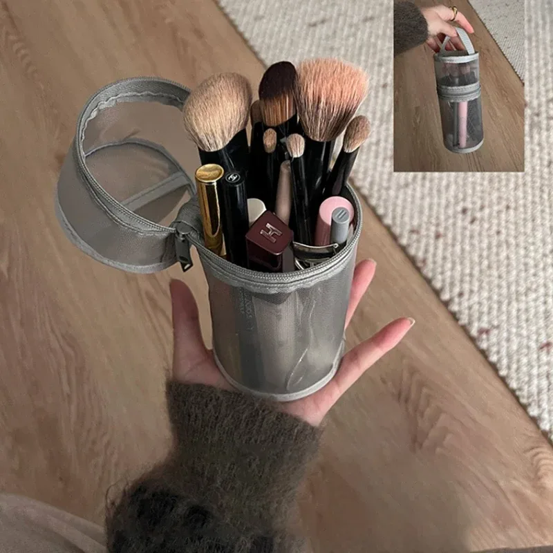 sac transparent de rangement de cosmétiques rond en maille, pochette de rangement de pinceaux de maquillage de grande capacité, étui à cosmétiques de voyage pour outils de pinceaux