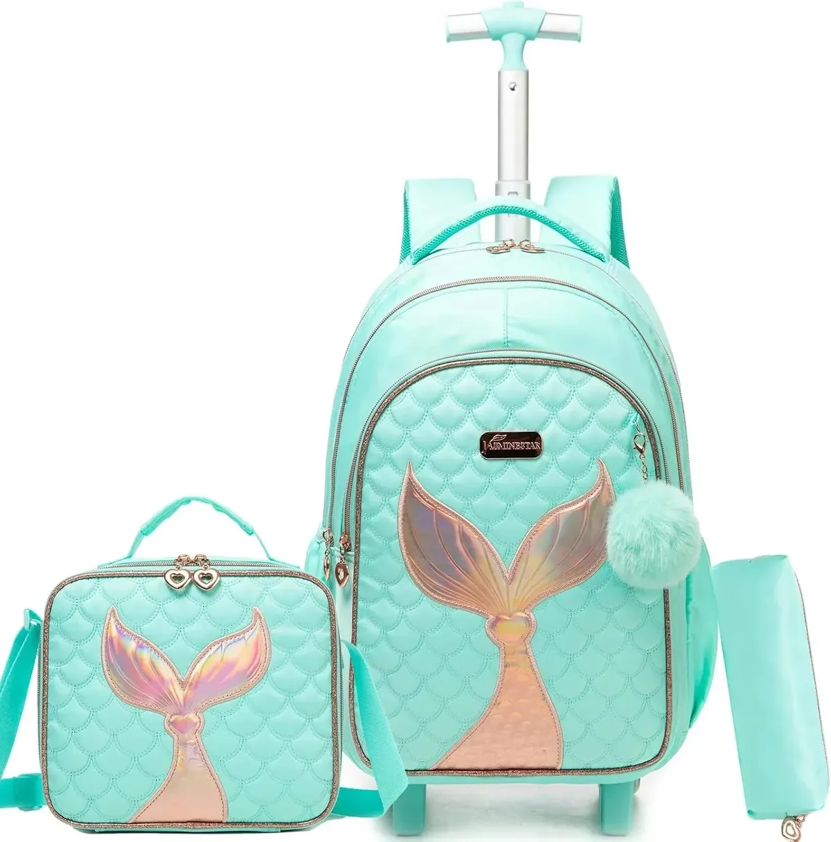 sac dos polyester toile dessin animé bleu pastel coeurs dorés love scolaire transport voyage filles