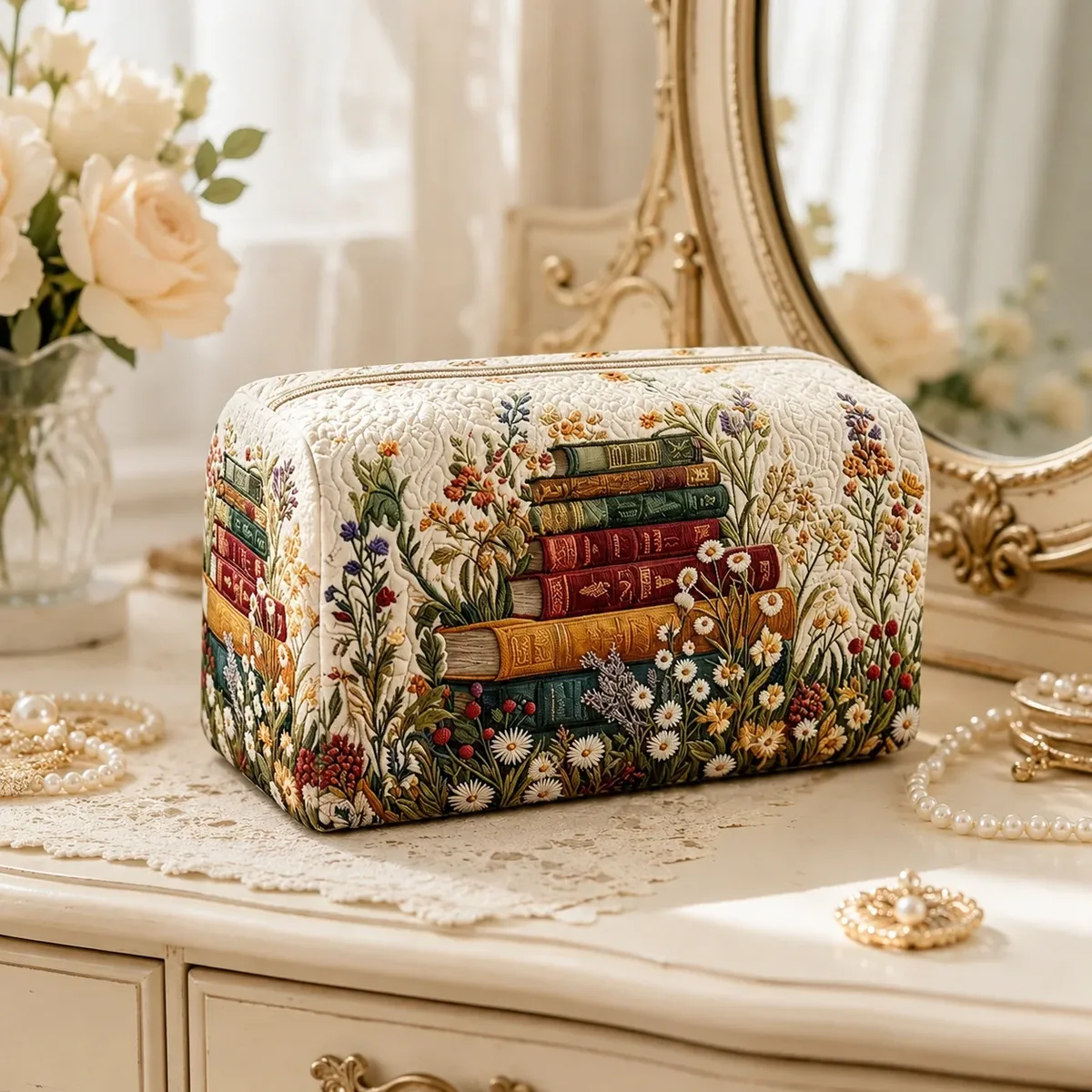 trousse de maquillage vintage motif floral, pochette portable matelassée, organisateur de toilette, trousse de voyage, sac de rangement