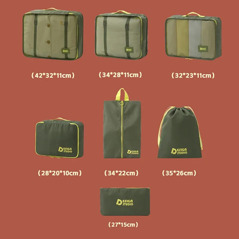 organisateur voyage polyester vert olive jaune accents motif bande poignée résistant tissu épais multifonctionnel sac compression chaussures housse vetements