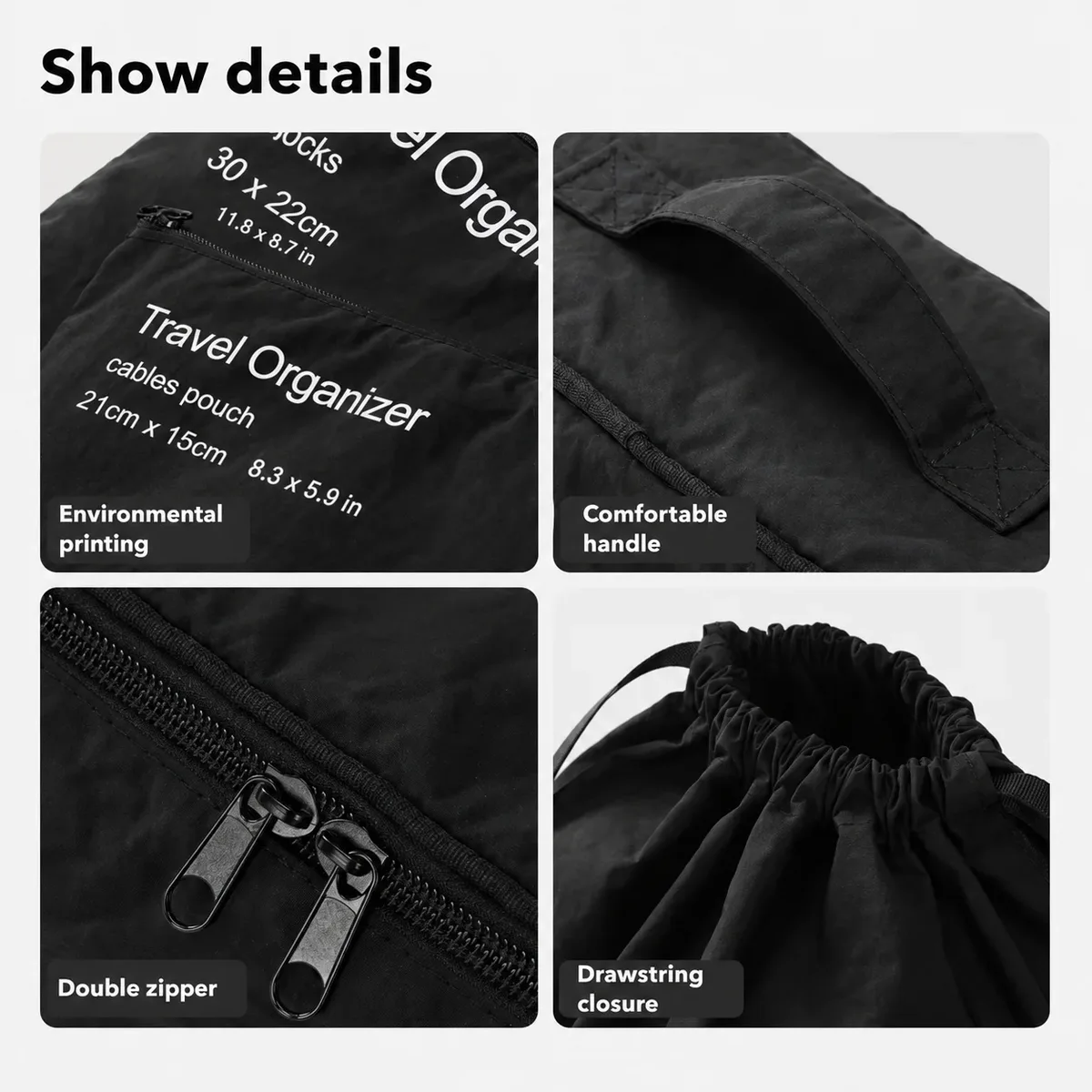 organisateur voyage sac rangement nylon noir géométrique seven pièces usage transport vêtements accessoires compression