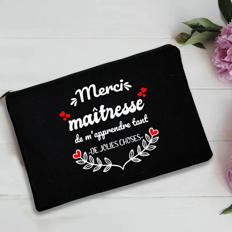 trousse de toilette voyage pochette maquillage cadeau maitresse sac de rangement imprimé français pour enseignant, pochette de poignet noire, sac de voyage de lavage, cadeaux pour enseignant, merci maîtresse
