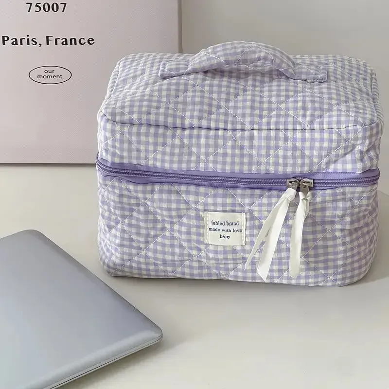 sac à cosmétiques à carreaux de grande capacité pour femmes, sac de rangement pour brosses de soins de la peau en coton pour filles, trousse de toilette de voyage portable, trousse de maquillage