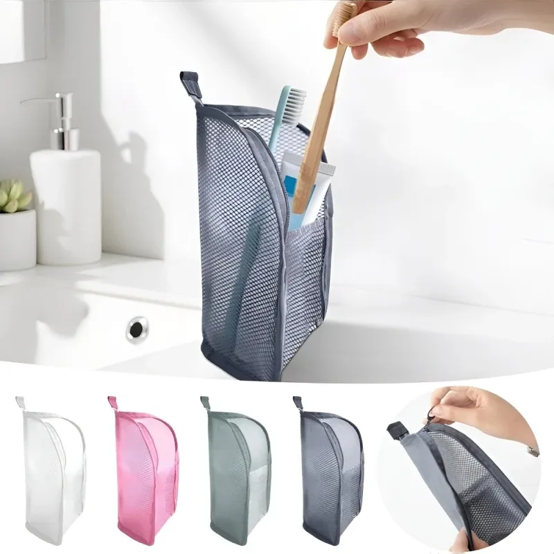 Trousse de Toilette Portable en Maille, Organisateur de Voyage Suspendu Léger et Pliable Transparent pour Brosse à Dents et Articles de Voyage