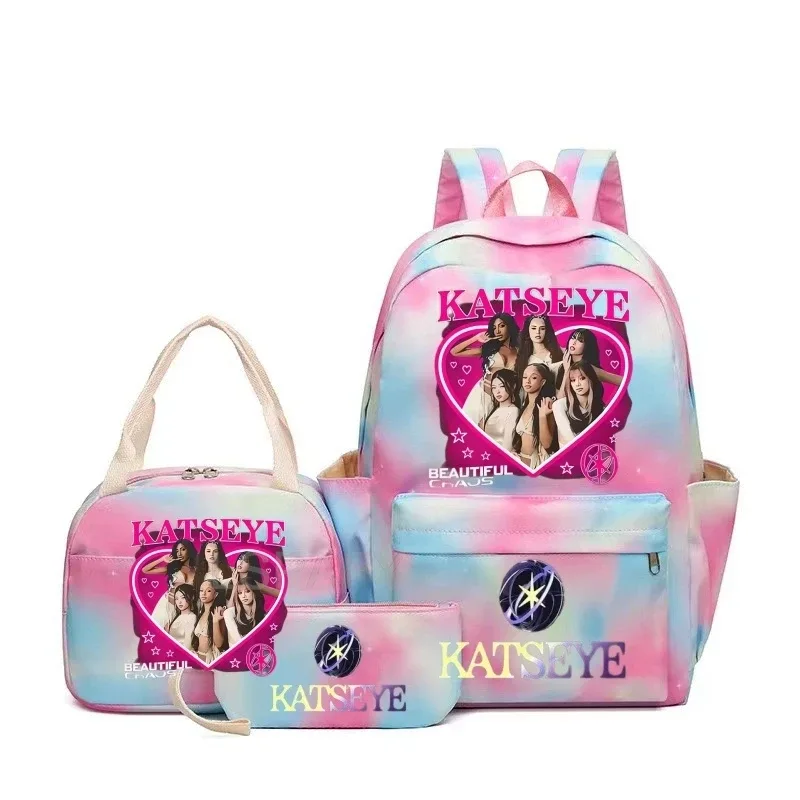 nouveaux sacs à dos katseye à imprimé amusant, 3 pièces/ensemble, sac d'école pour étudiants, sac de voyage pour adolescentes et garçons, sacs à lunch, sac à dos