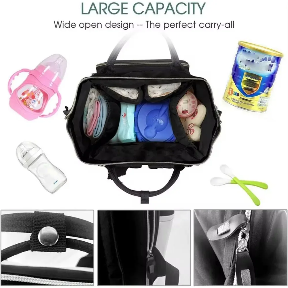 sac à dos de voyage imperméable pour couches de bébé, sacs à dos multifonctions de grande capacité, sourire naturel, attention, noir, ol