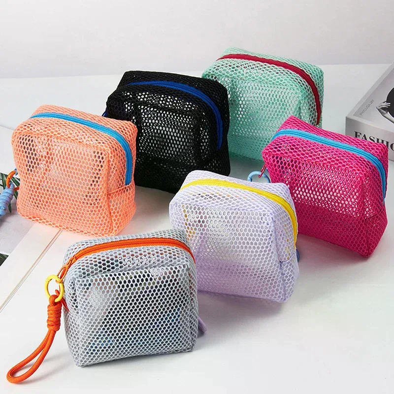 trousse de maquillage portable en maille couleur dopamine, sac de rangement pour cosmétiques, pochette de toilette en maille pour femmes, organisateur de rangement pour articles divers