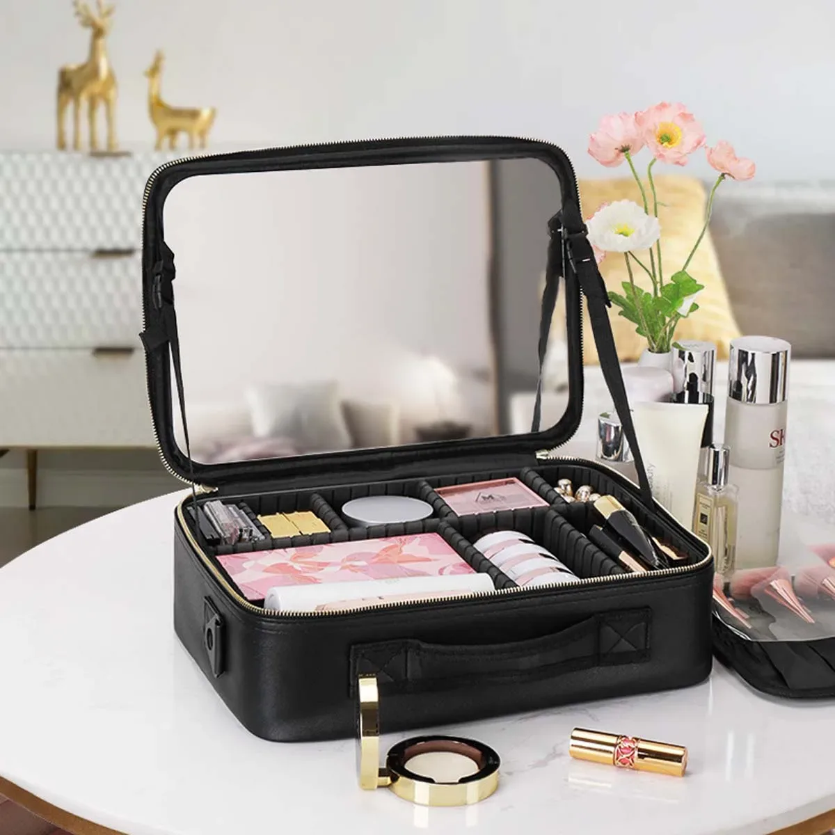 trousse de maquillage miroir plein écran pour femme, sac de rangement portable pour cosmétiques, soins de la peau, grande capacité, haut de gamme