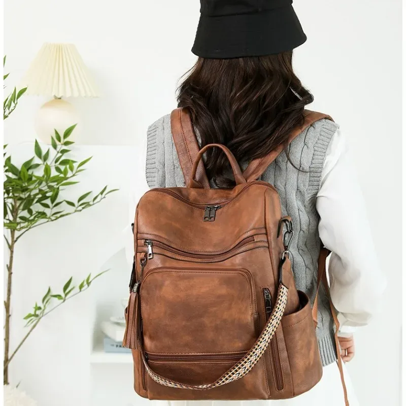 sac à dos/bandoulière portefeuille en cuir pu imperméable et antivol pour femme, grande capacité, style rétro, idéal pour les voyages, le travail et les études.