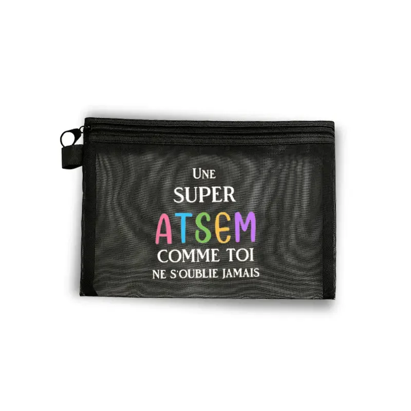 sac cosmétique en maille noire imprimé merci atsem, pochette de maquillage imperméable à fermeture éclair, cadeau de remerciement pour assistant d'enseignant préscolaire