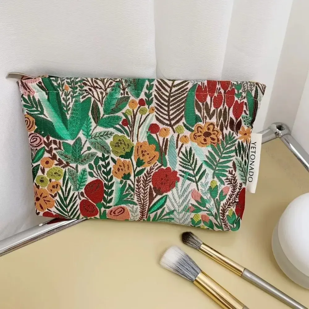 pochette en toile de polyester à motif floral, fermeture éclair, pochette de rangement cosmétique portable grande capacité