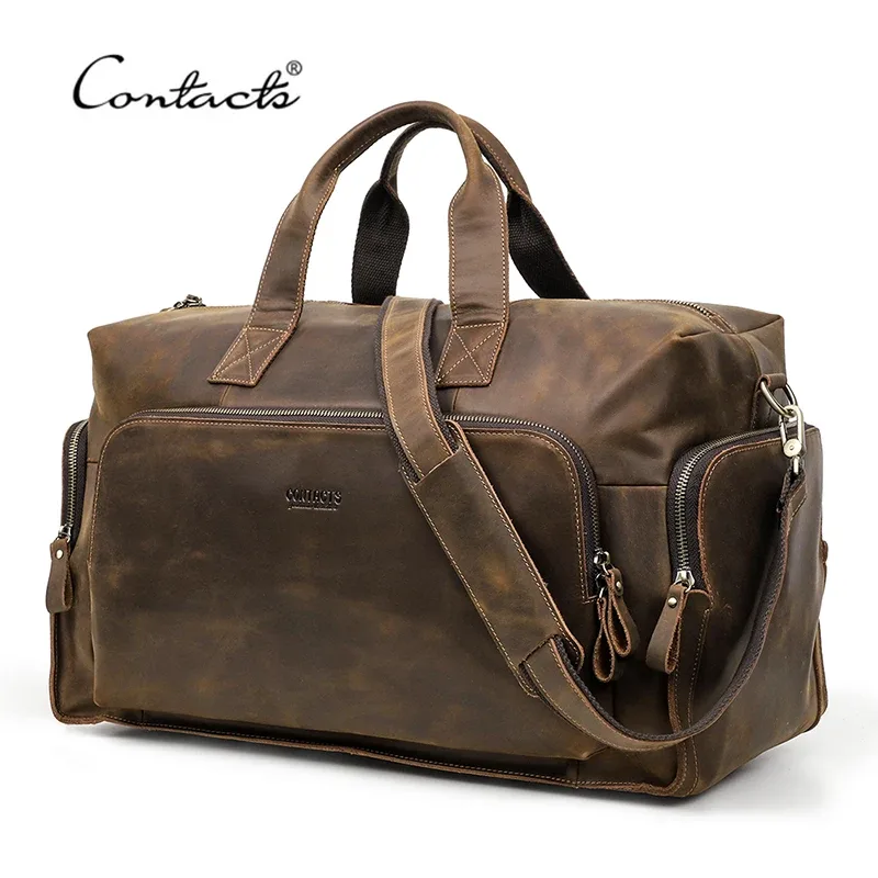contact's – sac de voyage vintage en cuir véritable pour homme, fourre-tout à bandoulière de grande capacité