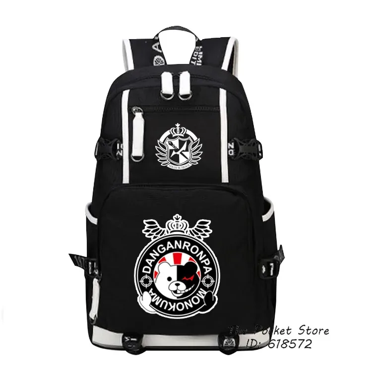 sac dos toile oxford noire dessin animé monokuma couronne ailes capacité 20 35 litres port usb bandes renfort blancs