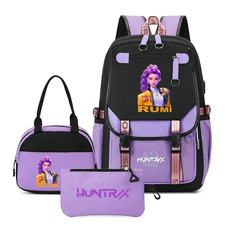 sac à dos kpop demon hunter pour adolescents, cartable de grande capacité, 3 pièces/ensemble avec sac à lunch pour femmes, étudiants, décontracté, confortable, pour voyage, mochilas