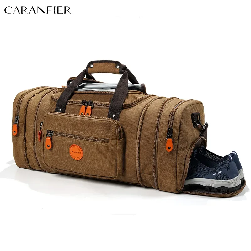 sac voyage toile gris poignée noire fermetures glissière orange intérieur marron compartiments extensibles polyvalents week end sport