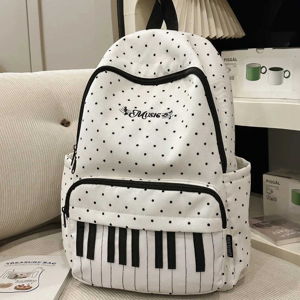 nouveau sac à dos à pois grande capacité, multifonctionnel, léger, motif touches de piano, noir, mochilas sports