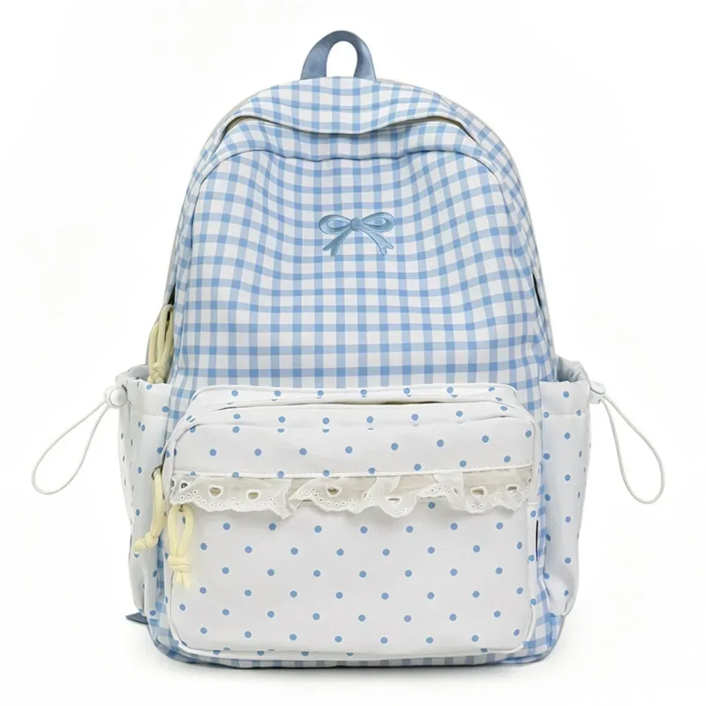 sac à dos tendance à pois, à carreaux, avec nœud et bordure en dentelle, durable et léger, idéal pour les étudiants et l'utilisation en extérieur.
