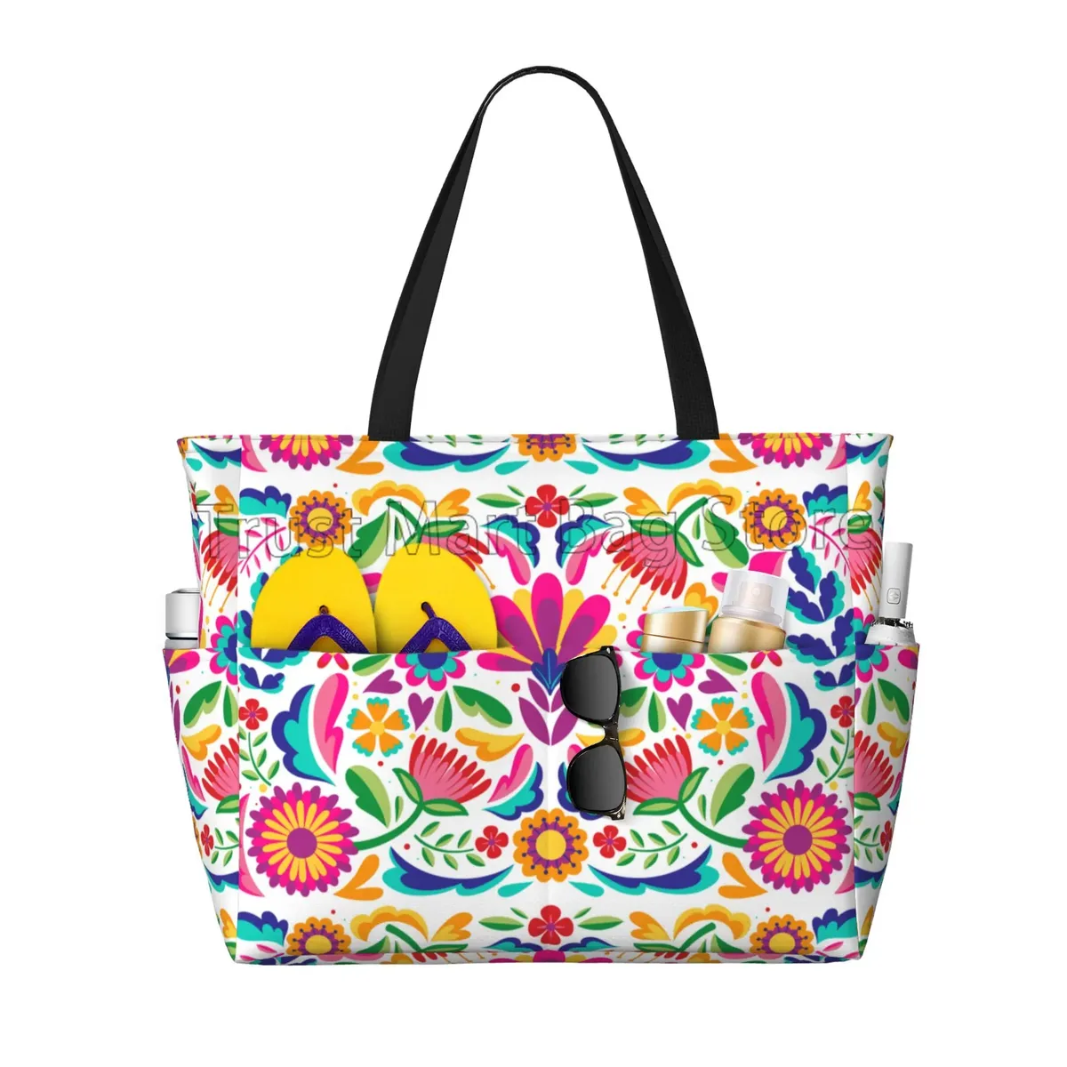 fourre-tout de plage imperméable à fleurs mexicaines pour femmes, sacs de piscine pour dames, sac de sport extra large, sac à main pour week-end, voyage, natation