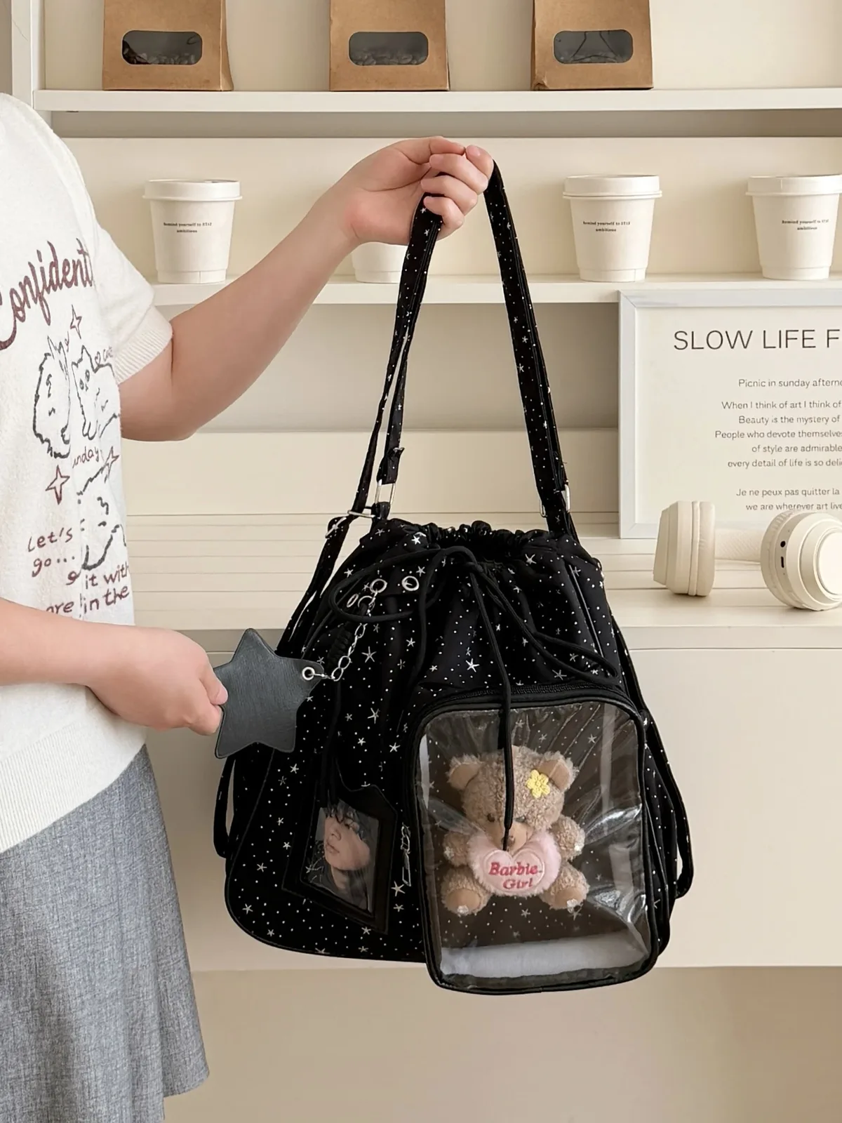 nouveau sac à dos ita y2k à cordon de serrage à pois étoilés, sac à bandoulière transparent mignon pour fille, grande capacité, sac à dos de présentation pour poupées diy