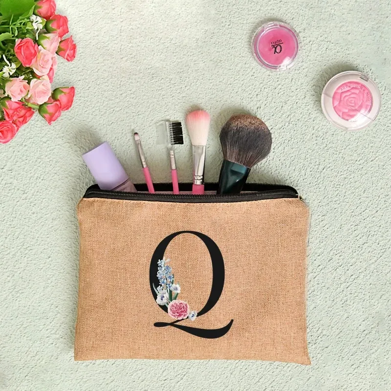 pochette en lin à fermeture éclair pour femmes, imprimé de lettres florales, étui de rangement de voyage, sac à cosmétiques, trousse de maquillage, sacs de maquillage de demoiselle d'honneur