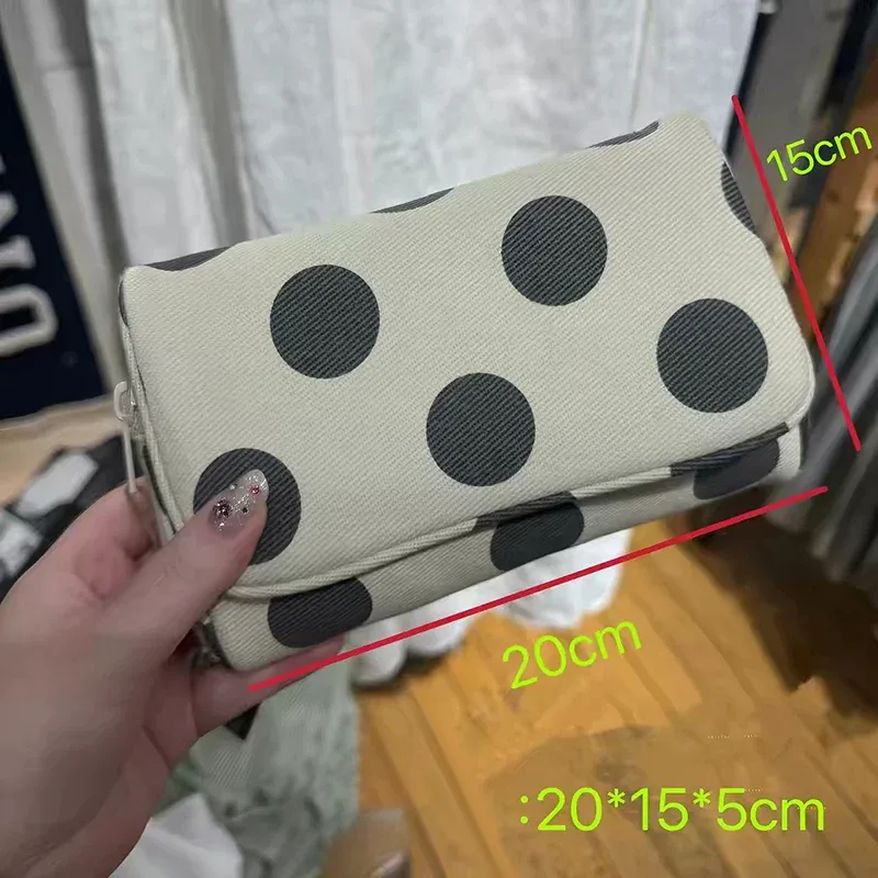 sac de maquillage en toile à pois de style coréen, avec miroir intégré, sac de rangement portable pour voyage quotidien, sac à rabat élégant et raffiné pour le shopping