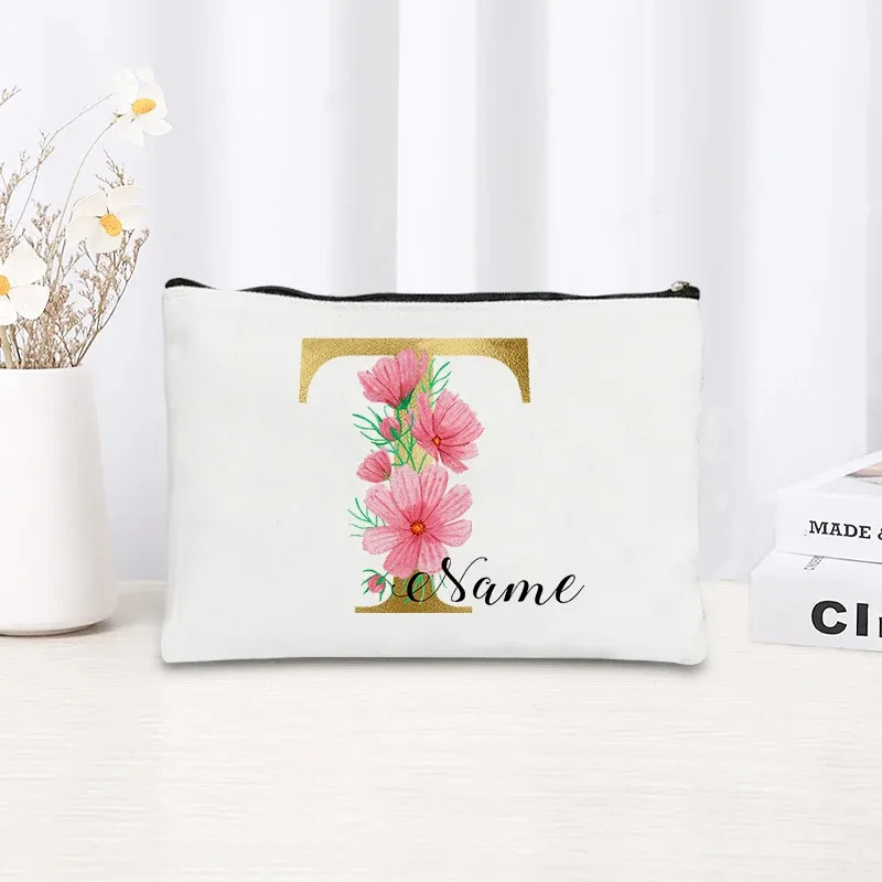 grande pochette zippée à motif floral rose et initiales dorées, organisateur d'essentiels de voyage en toile, trousse de maquillage pour enterrement de vie de jeune fille avec sac personnalisé avec nom.