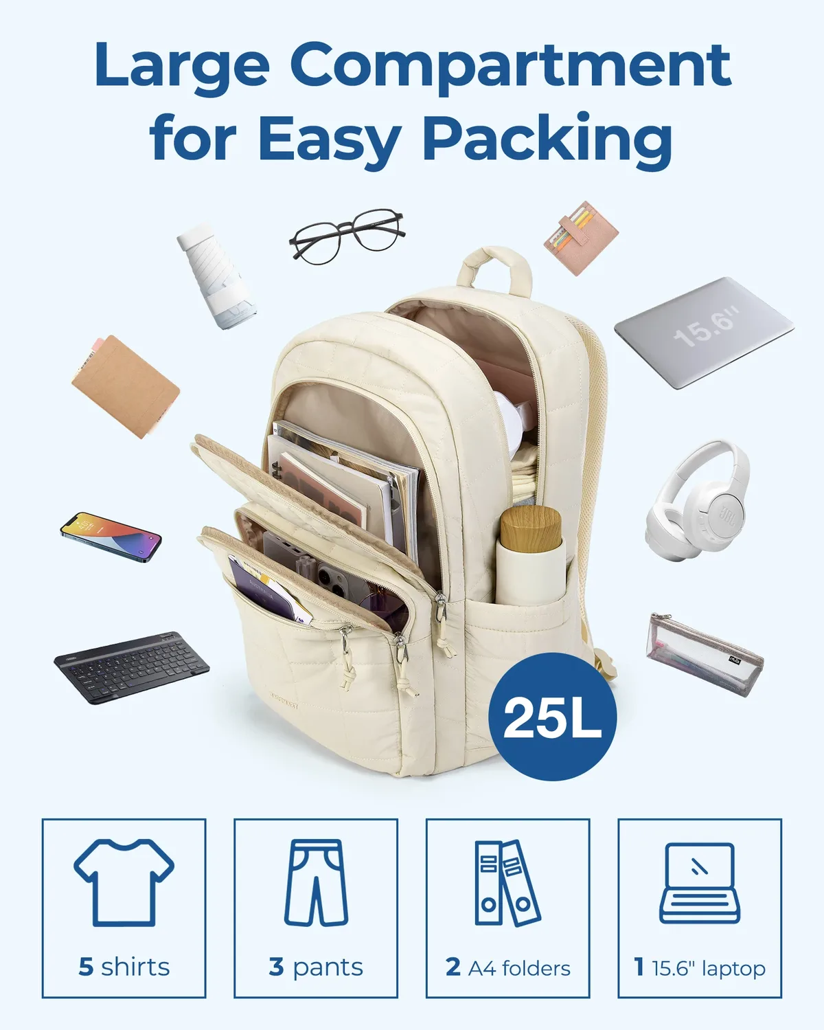 sac dos nylon beige carreaux 20 35 litres bandes soutien ventilées poignée souple compartiment téléphone portable courbe physiologique dos