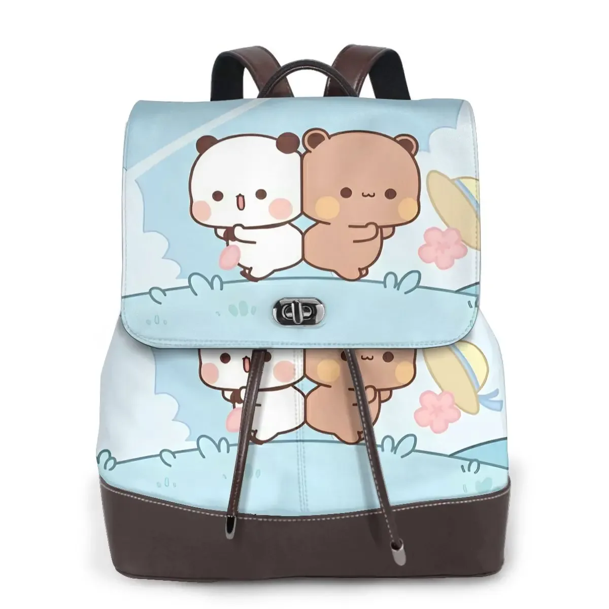 sac dos polyester personnages mignons bleu rose format rectangulaire poignées cuir brun usage voyage grande capacité