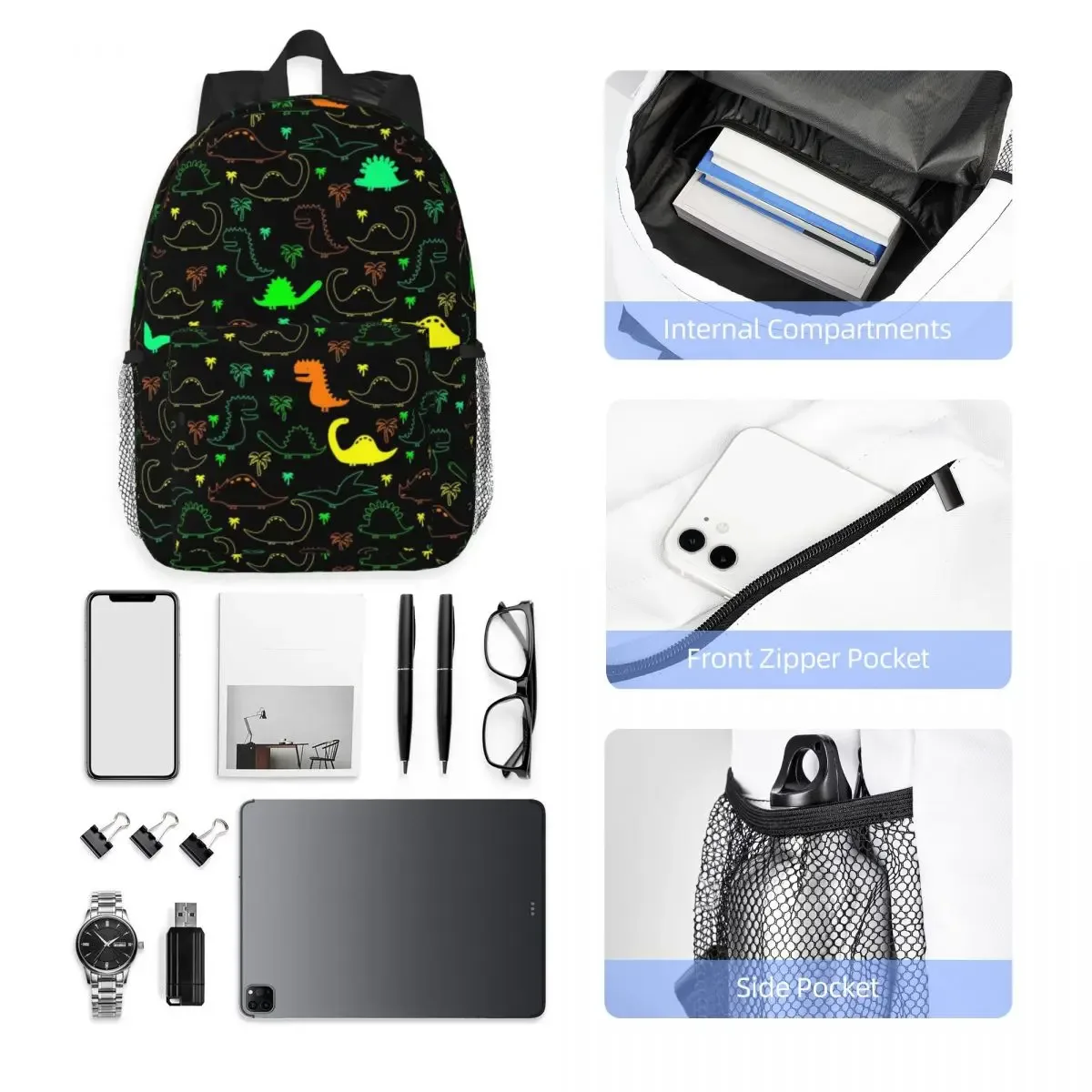 sac à dos de voyage à motif de dinosaures mignons pour hommes et femmes, cartable d'ordinateur pour l'école, sac à dos pour étudiants