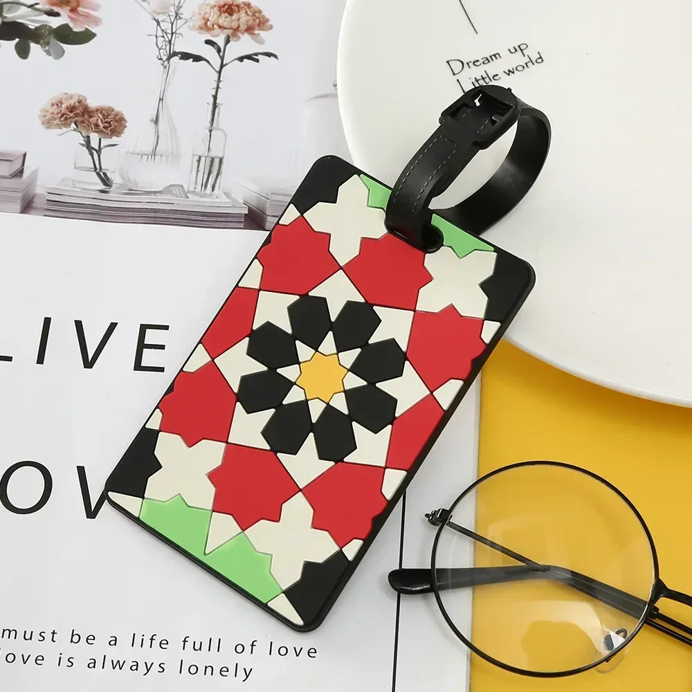 étiquettes de bagage géométriques, 1 pièce, porte-carte d'identité de valise, étiquette de sac à bagages en silicone pvc souple, accessoires d'étiquette de bagage