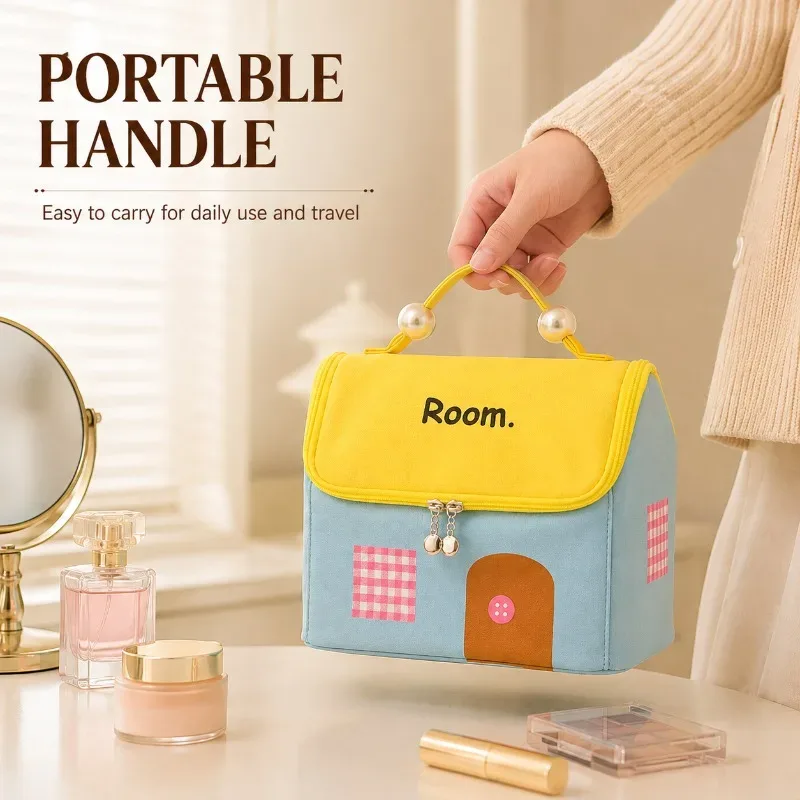 grande trousse de maquillage à grande capacité, design mignon en forme de maison, organisateur de maquillage portable avec séparateurs amovibles, étui de voyage résistant à l'eau.