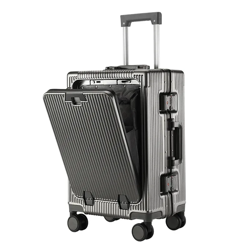 valise aluminium frame trolley rolling bagage beige bleu noir marron usb cup holder grande capacité voyage