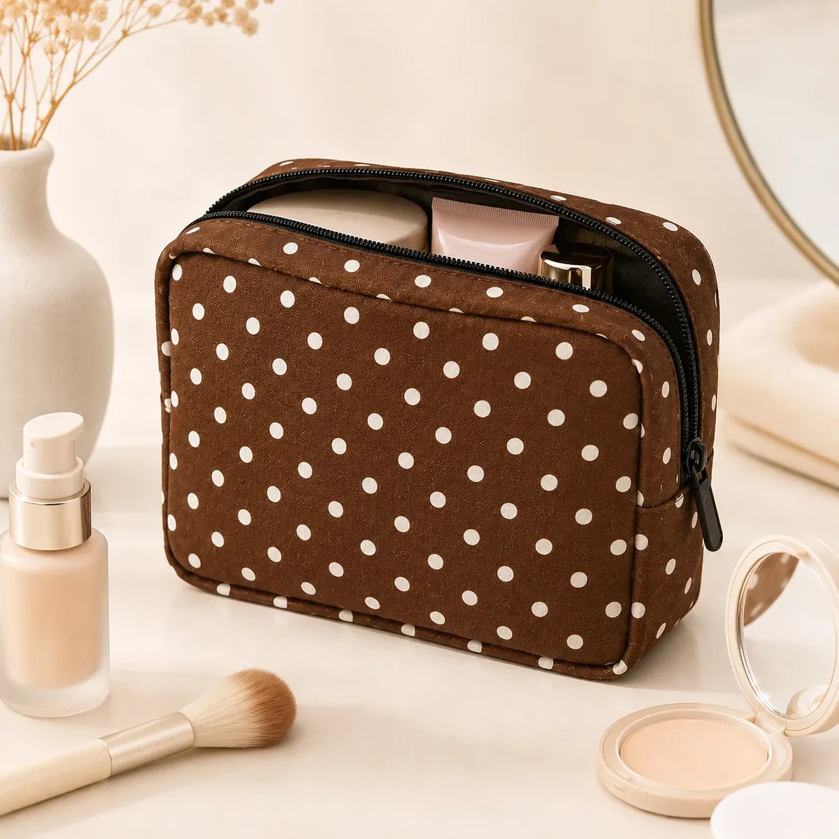 trousse de maquillage marron à pois, pochette portable grande capacité, organisateur de toilette pour femmes, essentiels de beauté quotidiens et de voyage