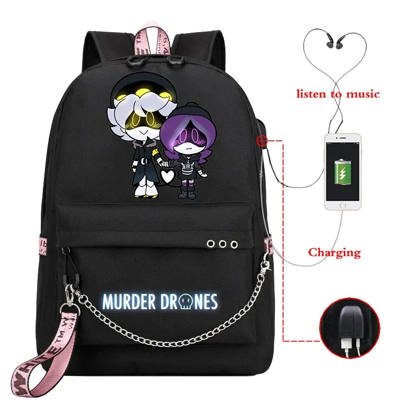 sac dos toile dessin animé personnages colorés logo murder drones chaîne métallique câble usb voyage capacité 20 35 litres