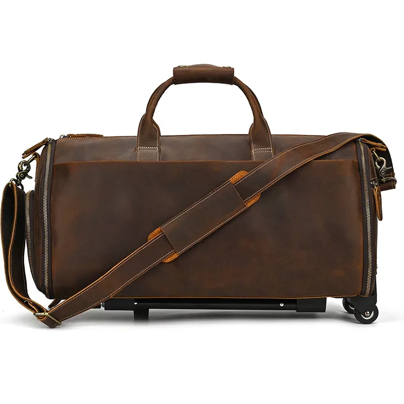 sac de voyage à roulettes en cuir véritable pour homme, sac de sport roulant en cuir de vachette crazy horse de 22 pouces avec compartiment à chaussures, grand sac de rangement