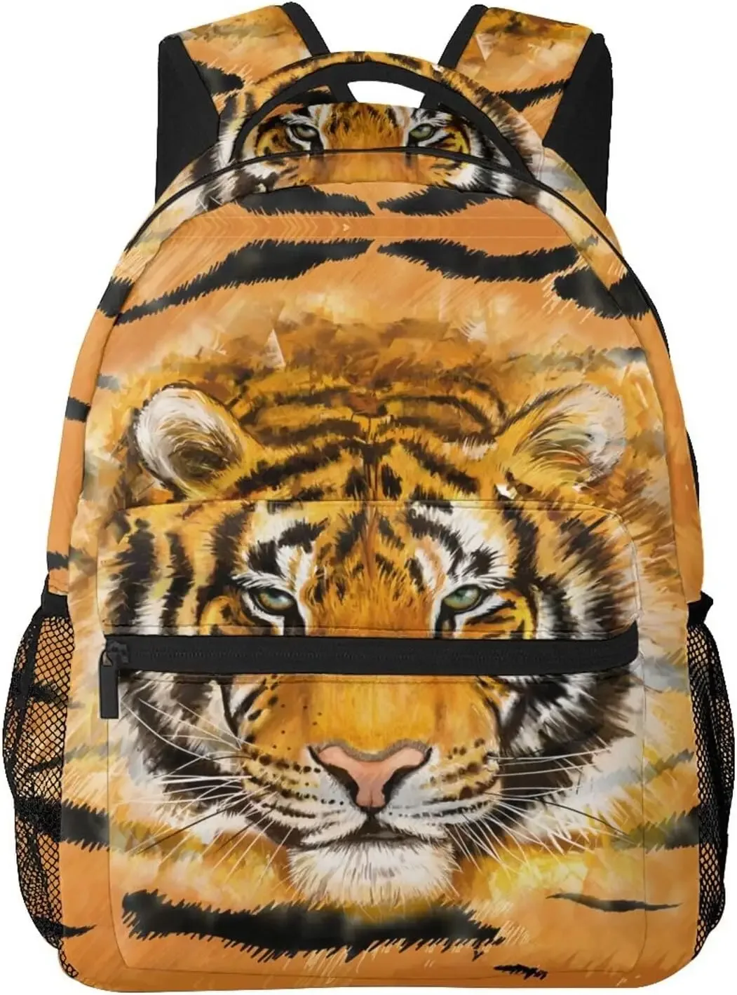 sac dos polyester imprimé tigre rayures noires orange fond beige poches latérales zip grande ouverture bandouliere chaîne usage voyage école randonnée camping
