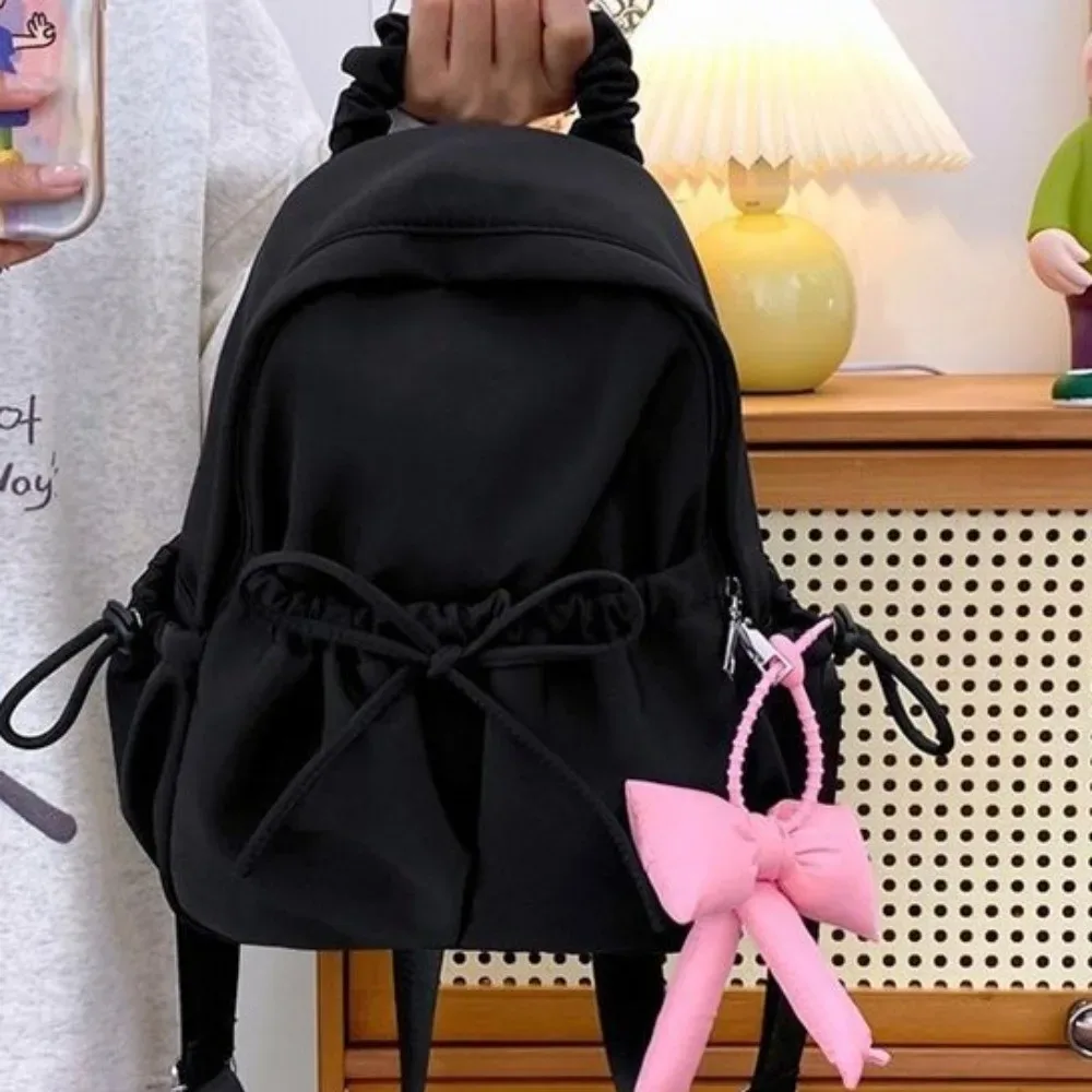 sac à dos en nylon pour étudiants avec cordon de serrage, bretelles réglables, grande capacité, sac de voyage, design plissé doux, sac à dos avec nœud.