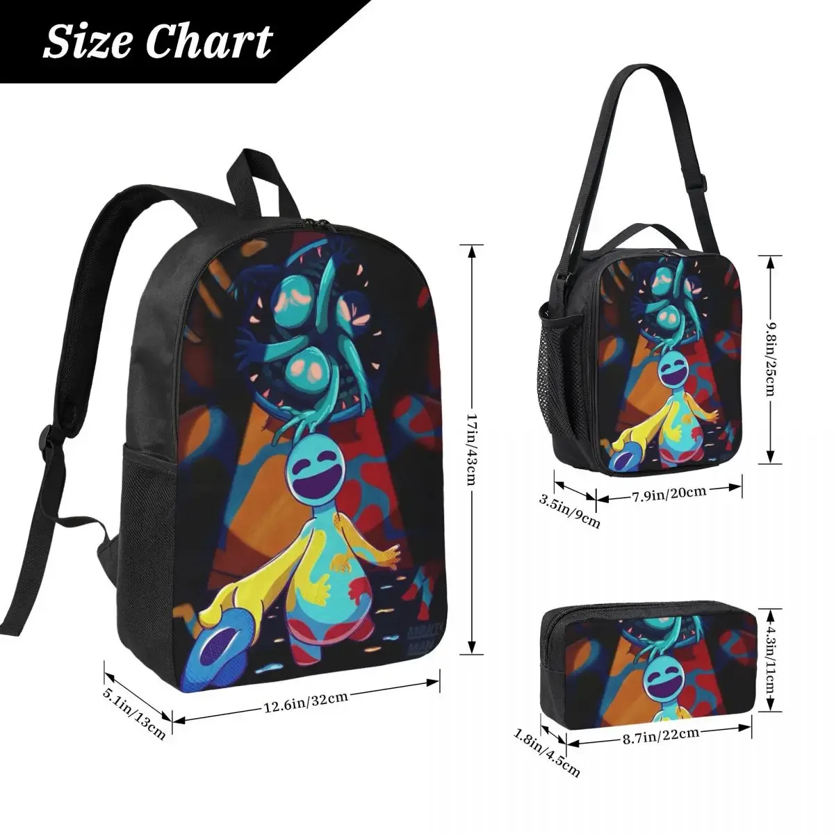 sac à dos doey doughman horror pianosaurus, sac à livres pour étudiants, sac d'école, sacs à bandoulière pour ordinateur portable, 3 pièces, sac à déjeuner isotherme, trousse à crayons