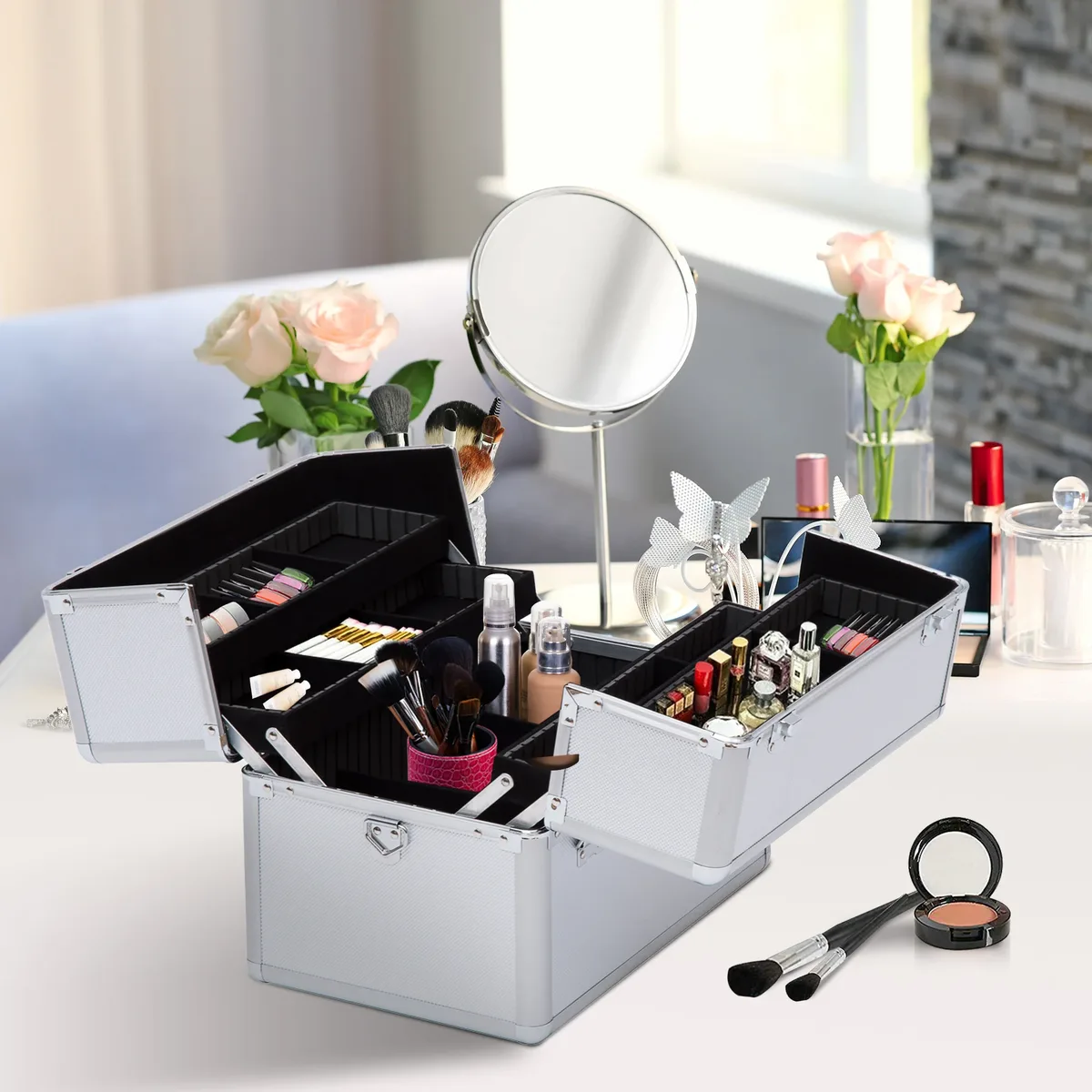 homcom mallette maquillage valise maquillage à 3 niveaux, boîte de cosmétiques avec clés, 36,5 x 24 x 29 cm, argent