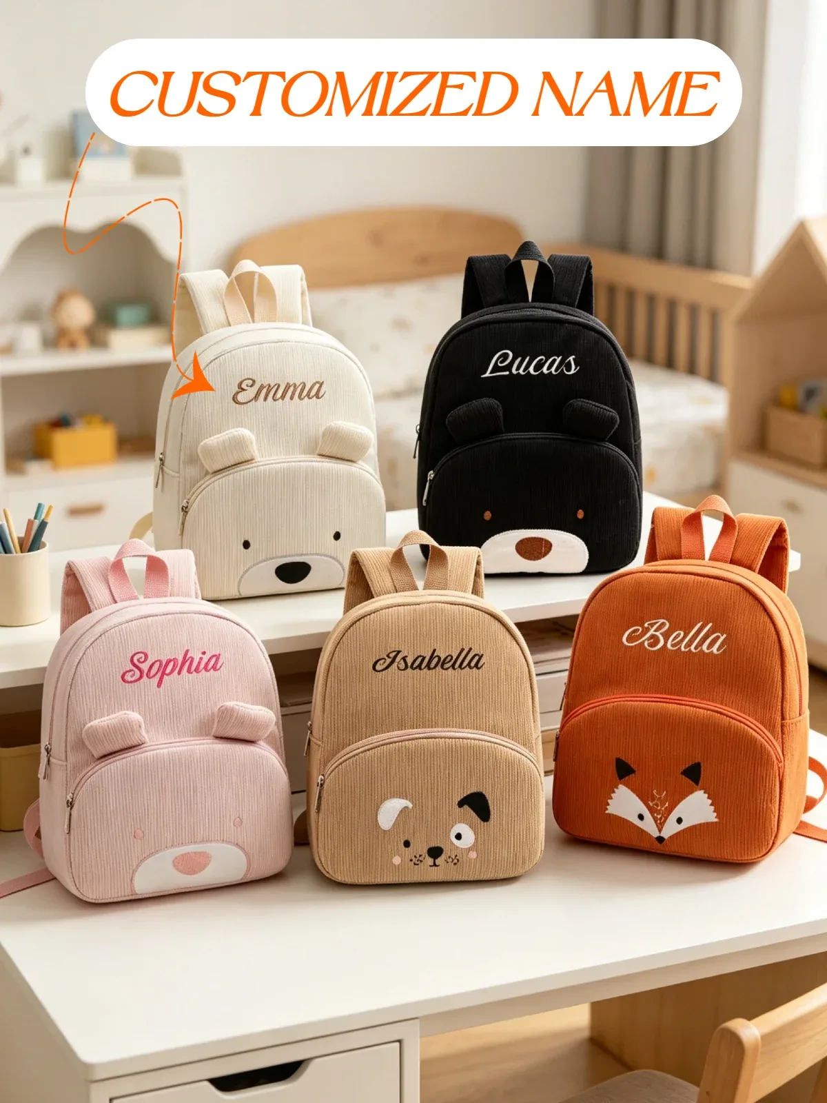 sac à dos de maternelle en velours côtelé, broderie mignonne, nom personnalisé, cartable pour filles et garçons, idéal pour l'école, les voyages quotidiens, cadeau adorable pour enfants.