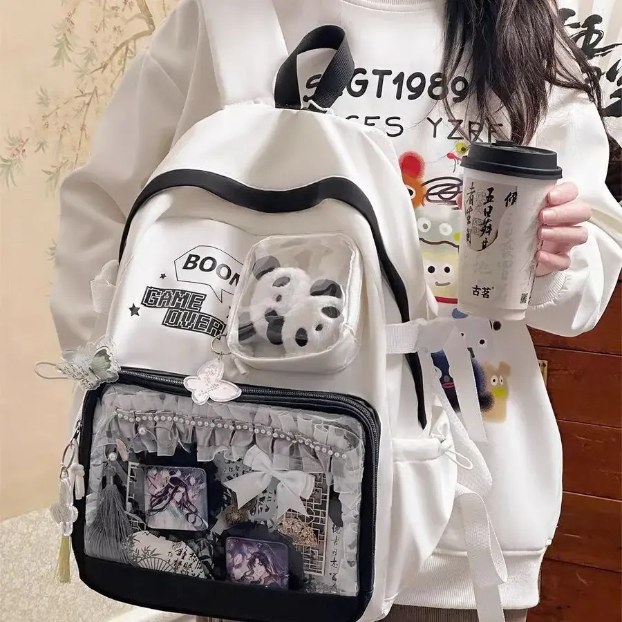 ita sac à dos grande capacité mode femmes sacs à dos solide multi poches bricolage badge pour épingle affichage étudiant sac quotidien décontracté