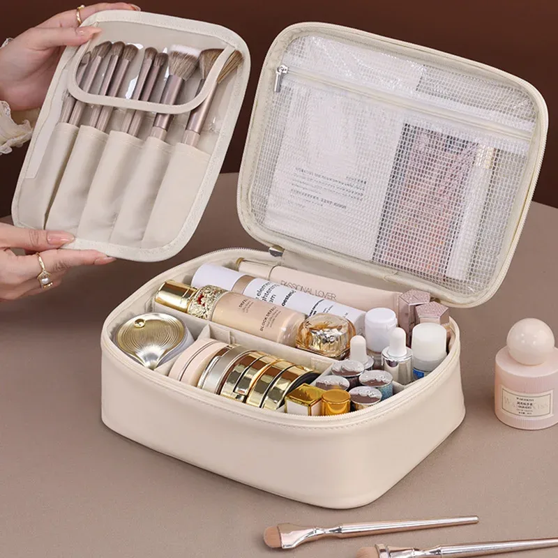 sac de maquillage fourre-tout de grande capacité en pu, organisateur de voyage, sac de rangement de cosmétiques, trousse de luxe pour femmes, pochette double couche, vente en gros