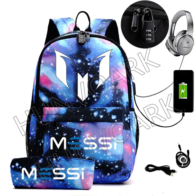 sac dos toile noir motif géométrique bleu blanc compartiment interne ceinture air usb adolescents école