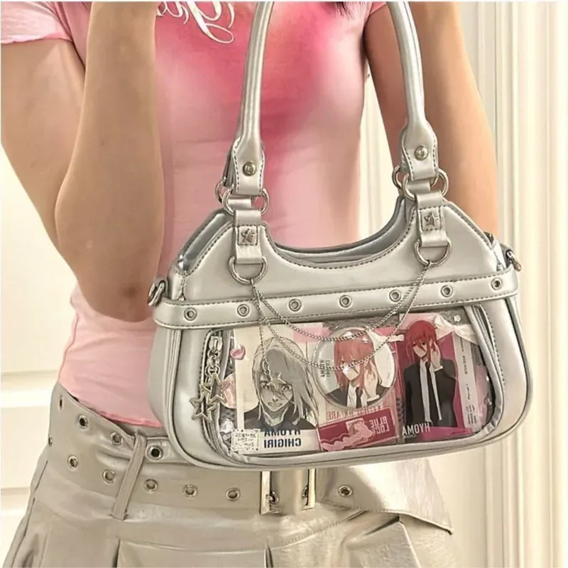jiaerdi harajuku star ita sac femmes double sangle réglable en cuir transparent fourre-tout sac à main sous-culture quotidien polyvalent sac à bandoulière y2k