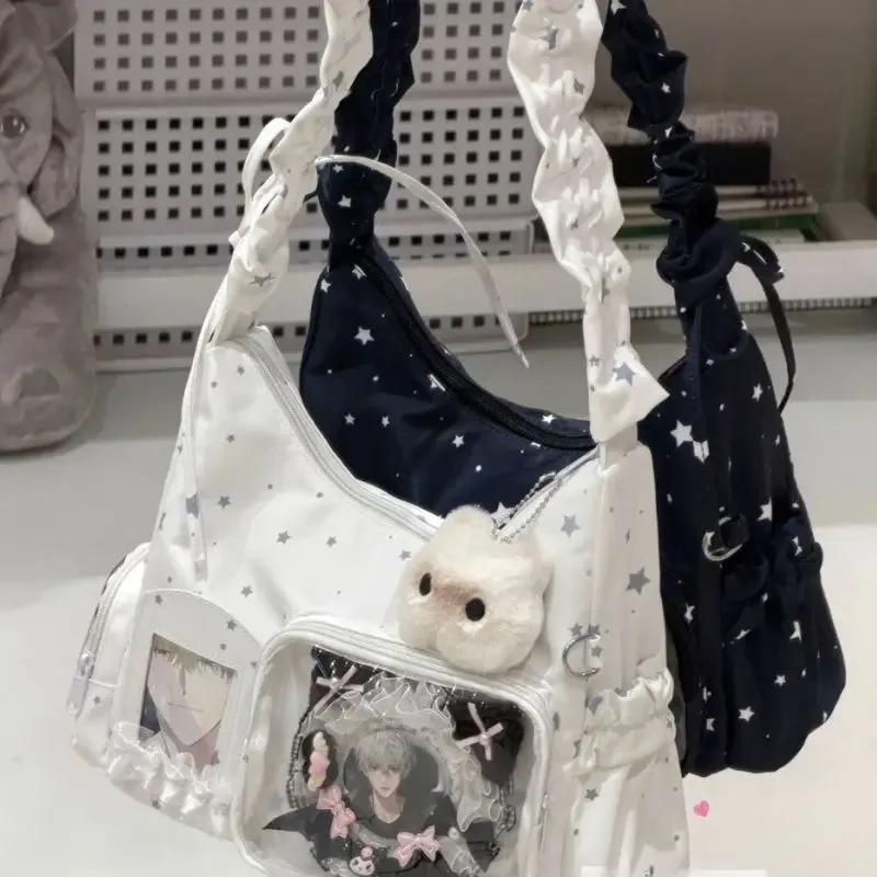 Sac à bandoulière transparent à motif étoile avec volants, pochette Ita, sac hobo, sac de collection pour fans, sac à main avec fenêtre transparente pour cartes photo