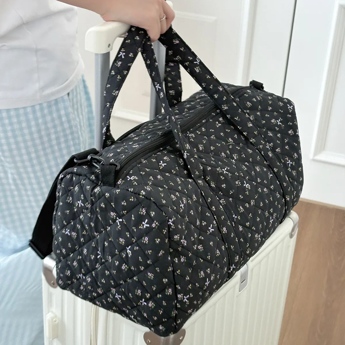 sac de voyage matelassé en coton avec fermeture éclair, sac de sport imprimé floral, sac de nuit pour femmes, voyage de week-end, shopping